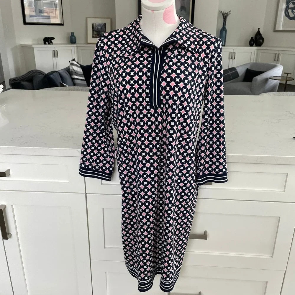 Max Studio 3/4 Sleeve Geometric Print Polyester Blend Dress Navy Wht Pink Sz M